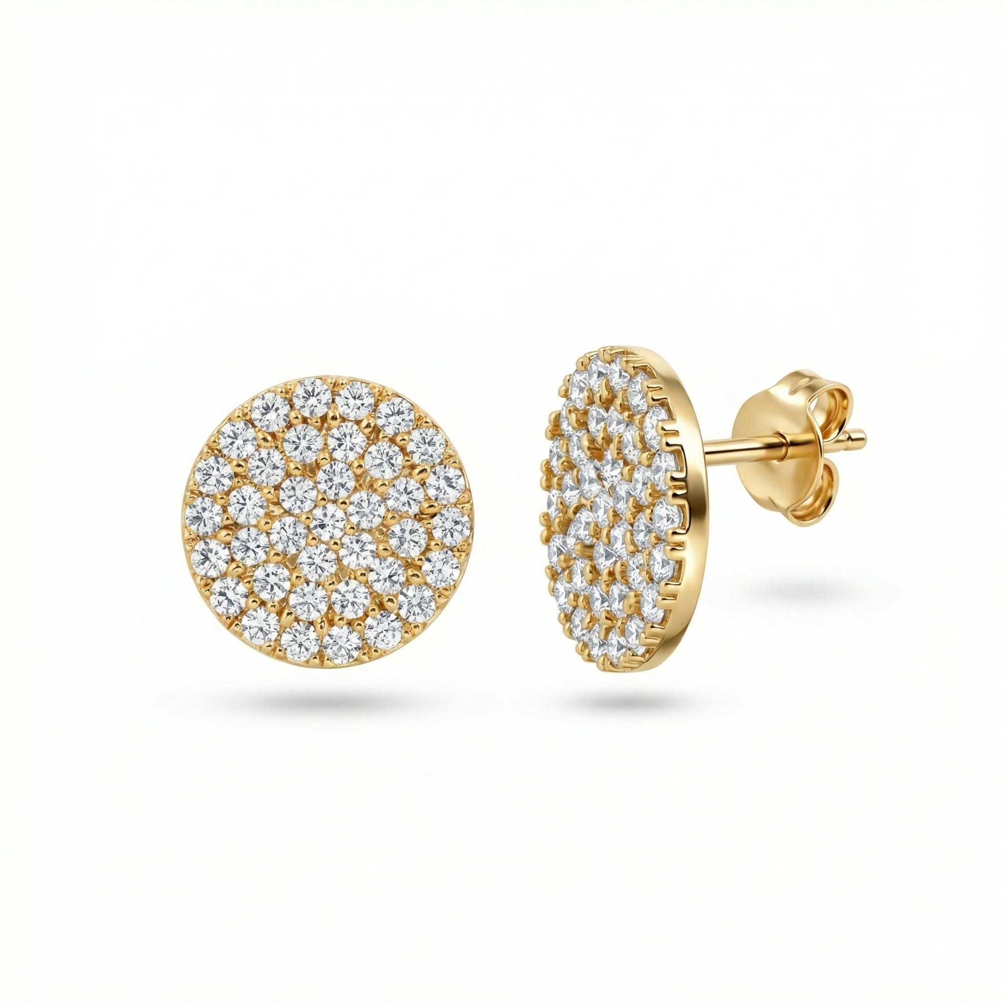 Pavé Round Stud Earrings in 18K Gold Vermeil with CZ Diamond. No green marks, perfect for daily wear.