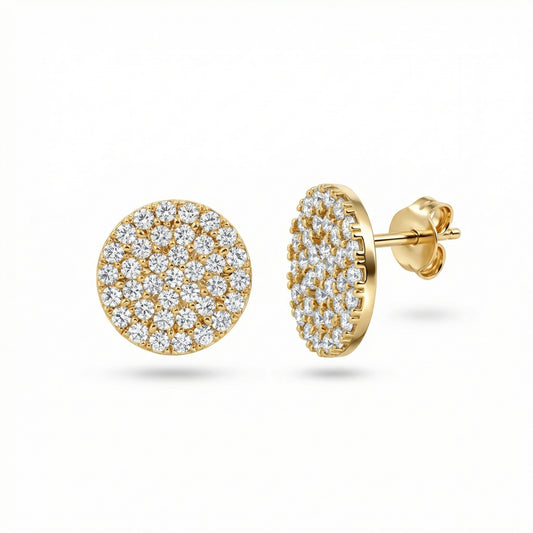 Pavé Round Stud Earrings in 18K Gold Vermeil with CZ Diamond. No green marks, perfect for daily wear.