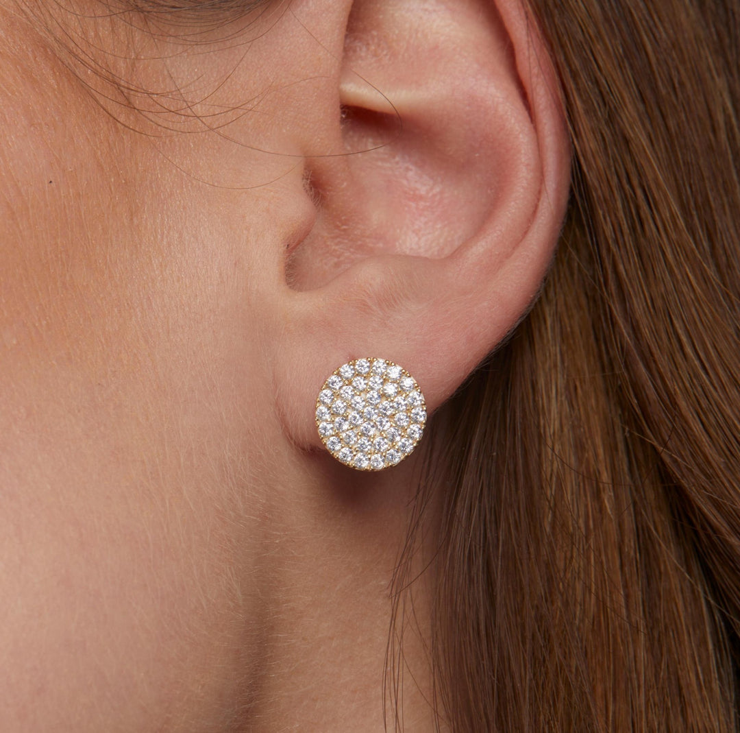 The Pavé Round Stud Earrings styled in 18K Gold Vermeil — elegant everyday jewelry. Hypoallergenic for sensitive ears.