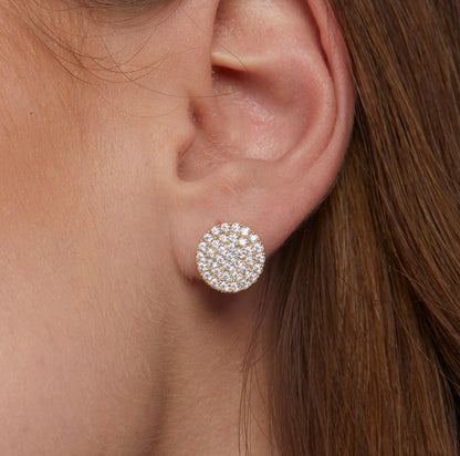 The Pavé Round Stud Earrings styled in 18K Gold Vermeil — elegant everyday jewelry. Hypoallergenic for sensitive ears.