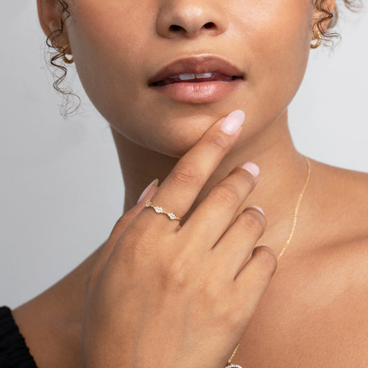 Close detail of the Pavé Stacking Ring in 18K Gold Vermeil with CZ Diamond. Hypoallergenic, no green marks, premium.