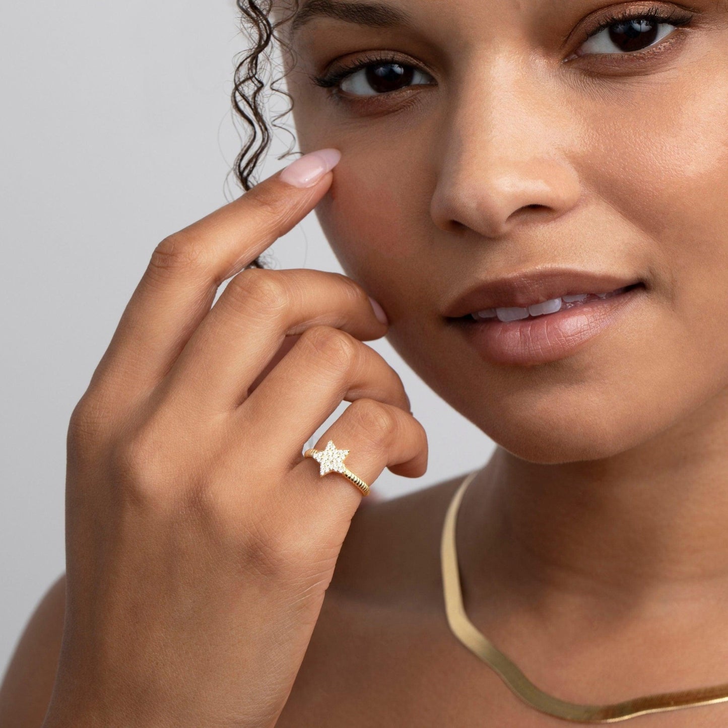 Close detail of the Pavé Star Adjustable Ring in 18K Gold Vermeil with CZ Diamond. Hypoallergenic, no green marks, premium.
