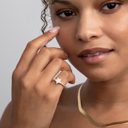Close detail of the Pavé Star Adjustable Ring in 18K Gold Vermeil with CZ Diamond. Hypoallergenic, no green marks, premium.