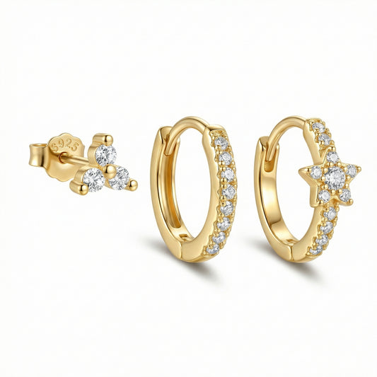 Pavé Star Earring Set in 18K Gold Vermeil with CZ Diamond. No green marks, perfect for daily wear.
