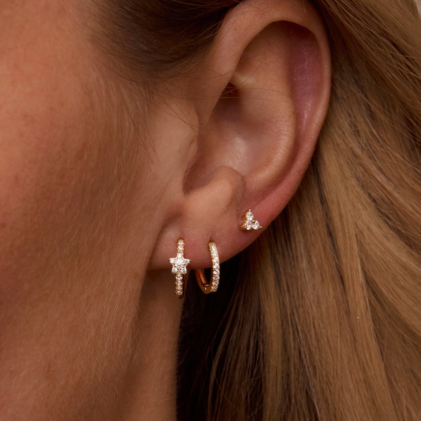 Close detail of the Pavé Star Earring Set in 18K Gold Vermeil with CZ Diamond. Tarnish-resistant, premium handmade jewelry.