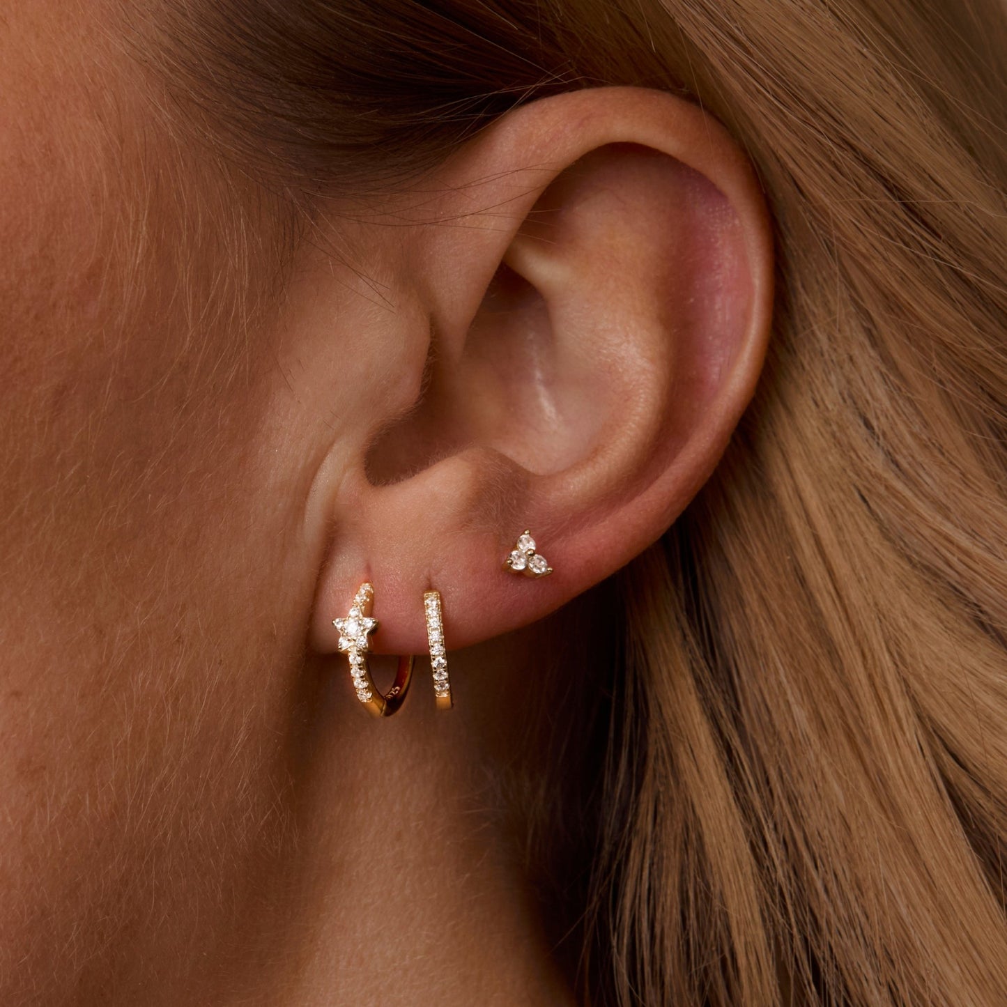 Pavé Star Earring Set styled with complementary pieces in 18K Gold Vermeil. Hypoallergenic for sensitive ears, layered looks.