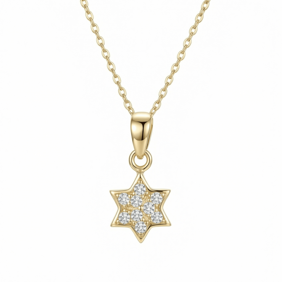 Pavé Star of David pendant set with nine CZ stones on a fine chain, in 14K solid gold.