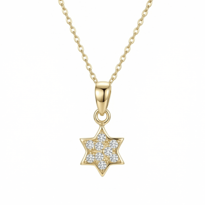 Pavé Star of David pendant set with nine CZ stones on a fine chain, in 14K solid gold.