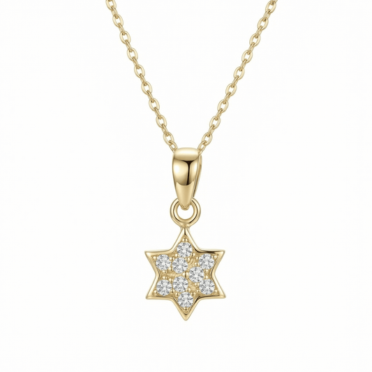 Pavé Star of David pendant set with nine CZ stones on a fine chain, in 14K solid gold.