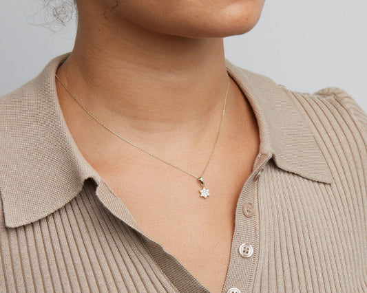 Close detail of the Pavé Star of David Necklace in 18K Gold Vermeil with CZ Diamond. Safe for sensitive skin, premium.