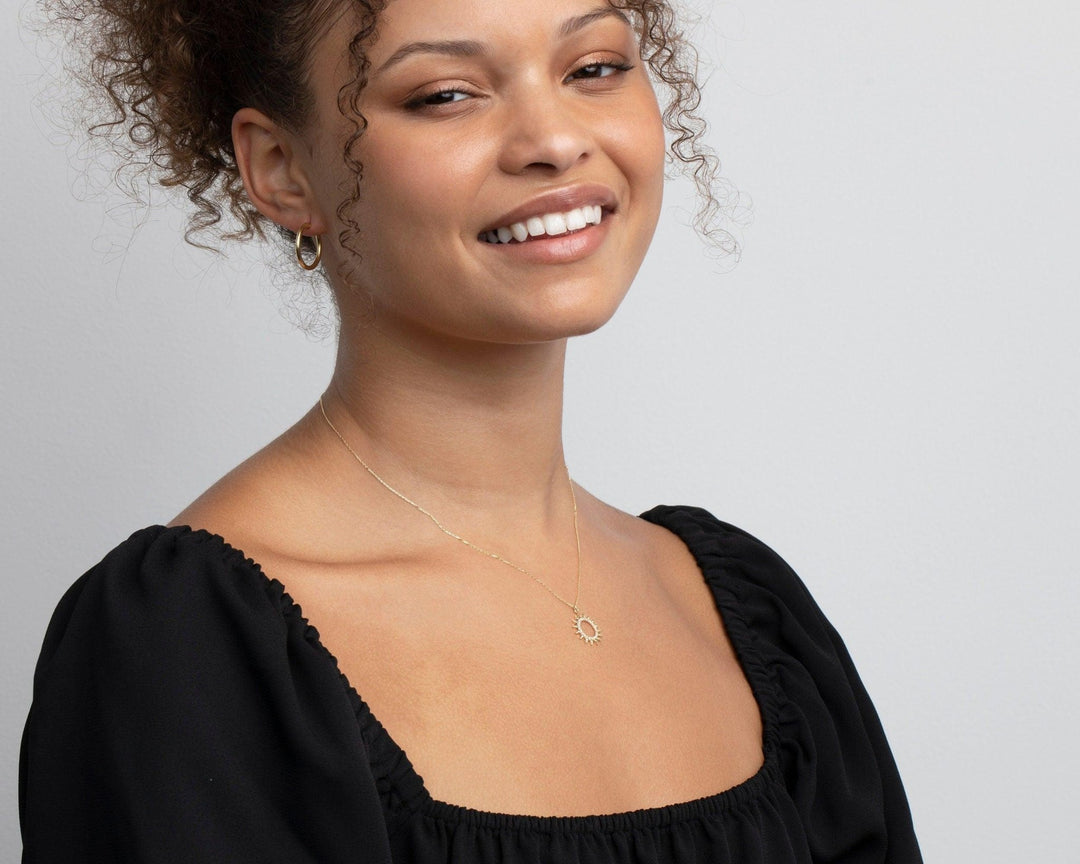 Pavé Sun Necklace in Glamour Jewelry House gift box — 18K Gold Vermeil graduation gift. Tarnish-resistant.