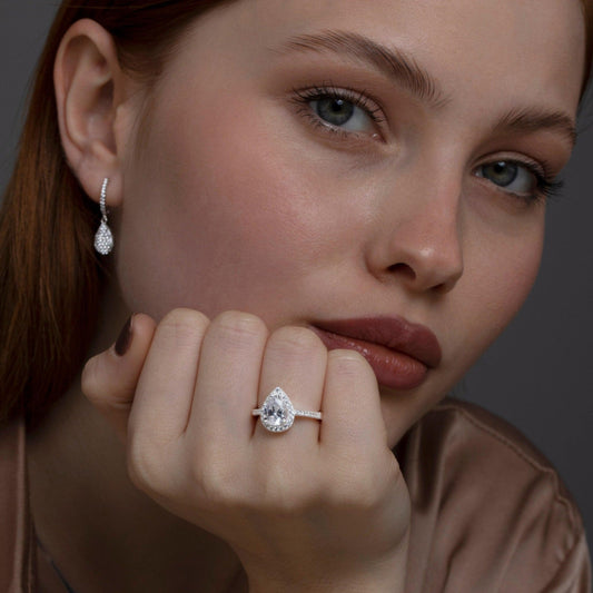 Close detail of the Pear Cut Diamond Engagement Ring in 18K Gold Vermeil with CZ Diamond. Hypoallergenic, no green marks.