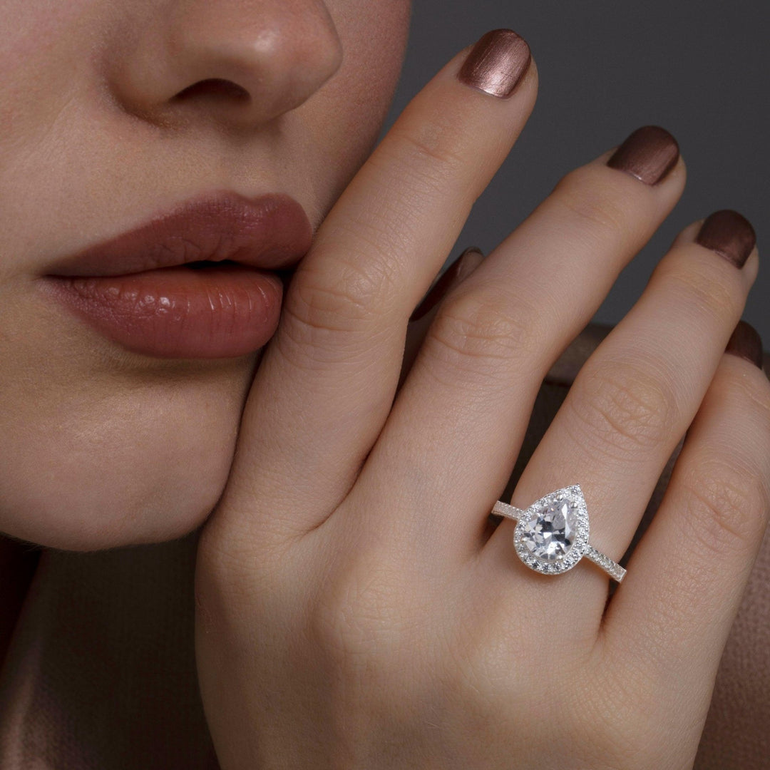 Pear Cut Diamond Engagement Ring styled with complementary pieces in 18K Gold Vermeil. Tarnish-resistant, layered looks.