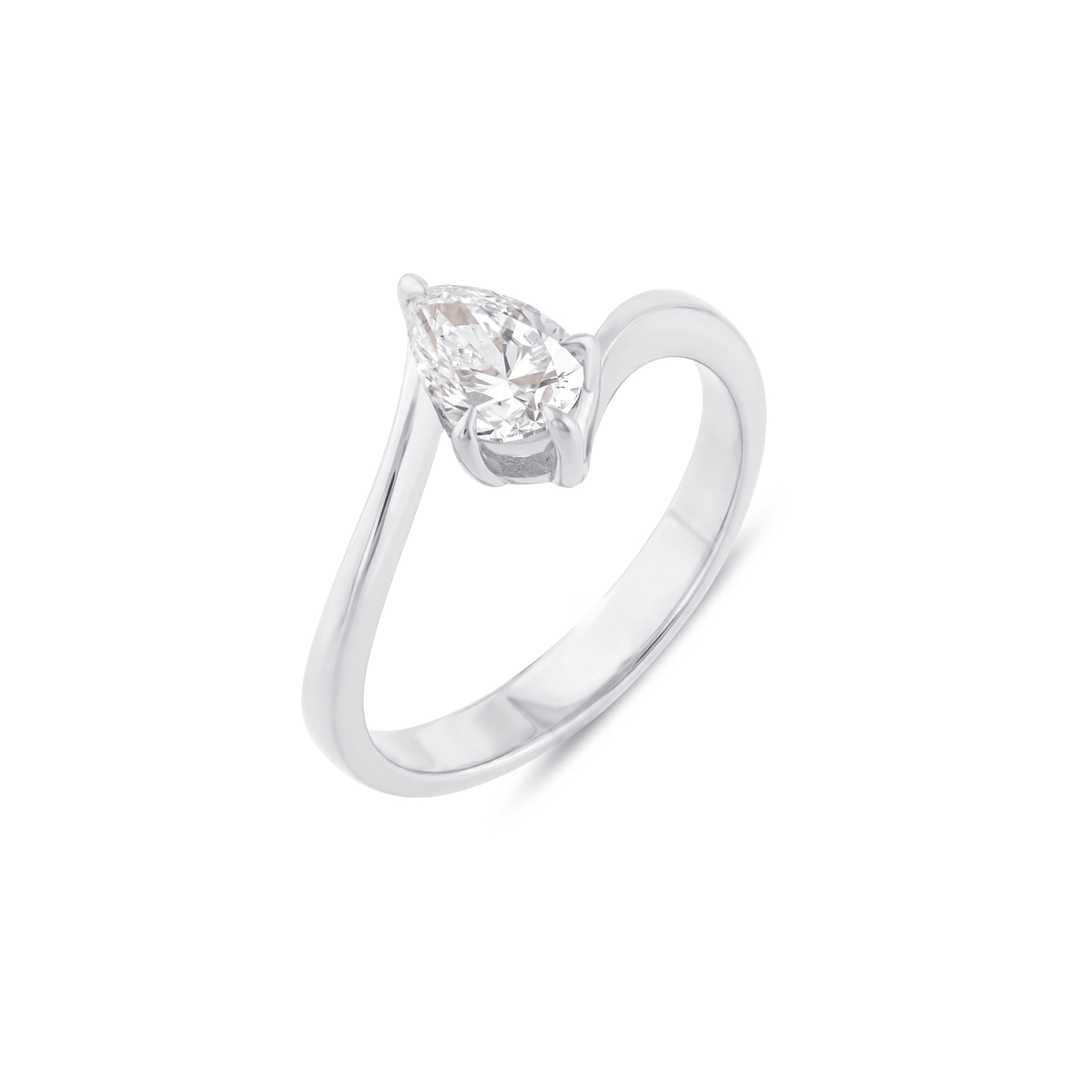 Pear-cut natural diamond bypass solitaire ring in 14K solid white gold, three-quarter view on a white background