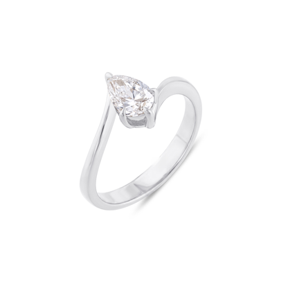 Pear-cut natural diamond bypass solitaire ring in 14K solid white gold, three-quarter view on a white background