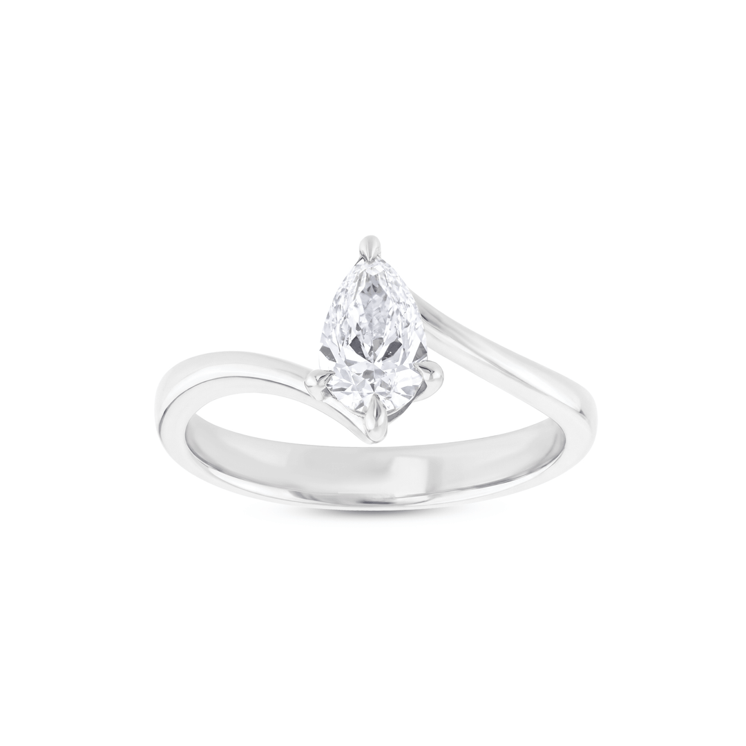 Pear-cut natural diamond bypass solitaire ring in 14K white gold seen from the front, showing the V-shaped shank