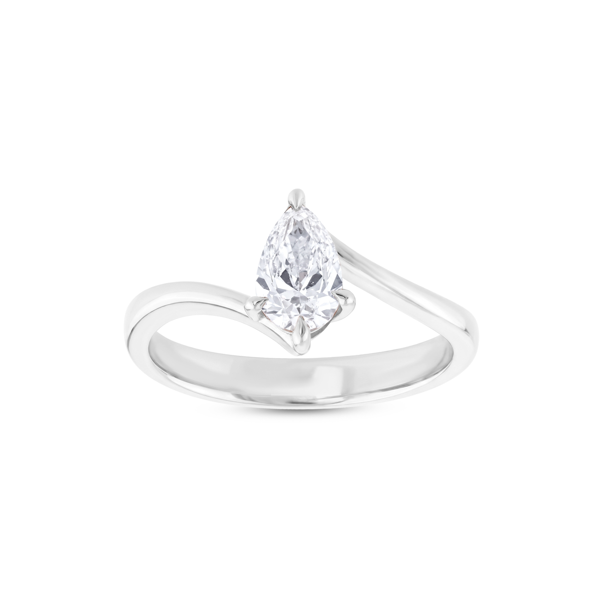 Pear-cut natural diamond bypass solitaire ring in 14K white gold seen from the front, showing the V-shaped shank