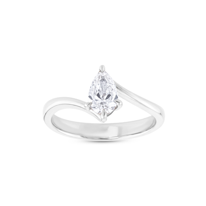 Pear-cut natural diamond bypass solitaire ring in 14K white gold seen from the front, showing the V-shaped shank