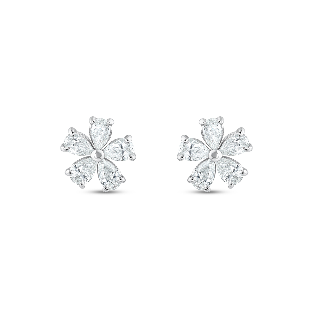 Pair of pear-cut natural diamond flower stud earrings in 14K white gold, five pear diamonds per earring, front view