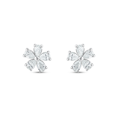 Pair of pear-cut natural diamond flower stud earrings in 14K white gold, five pear diamonds per earring, front view