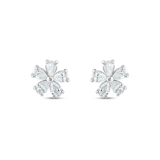 Pair of pear-cut natural diamond flower stud earrings in 14K white gold, five pear diamonds per earring, front view
