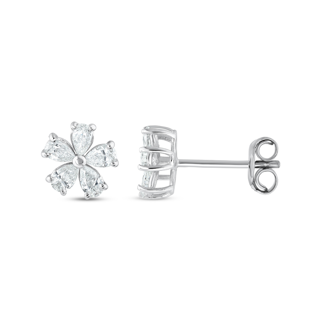 Pear-cut natural diamond flower stud earring in 14K white gold, front and side view showing the claws and butterfly back