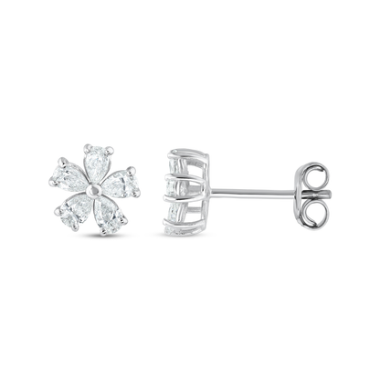 Pear-cut natural diamond flower stud earring in 14K white gold, front and side view showing the claws and butterfly back