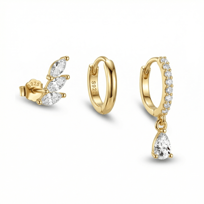 Pear Drop Marquise Cluster Ear Stack in 18K Gold Vermeil with CZ Diamond. No green marks, perfect for daily wear.