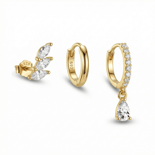 Pear Drop Marquise Cluster Ear Stack in 18K Gold Vermeil with CZ Diamond. No green marks, perfect for daily wear.