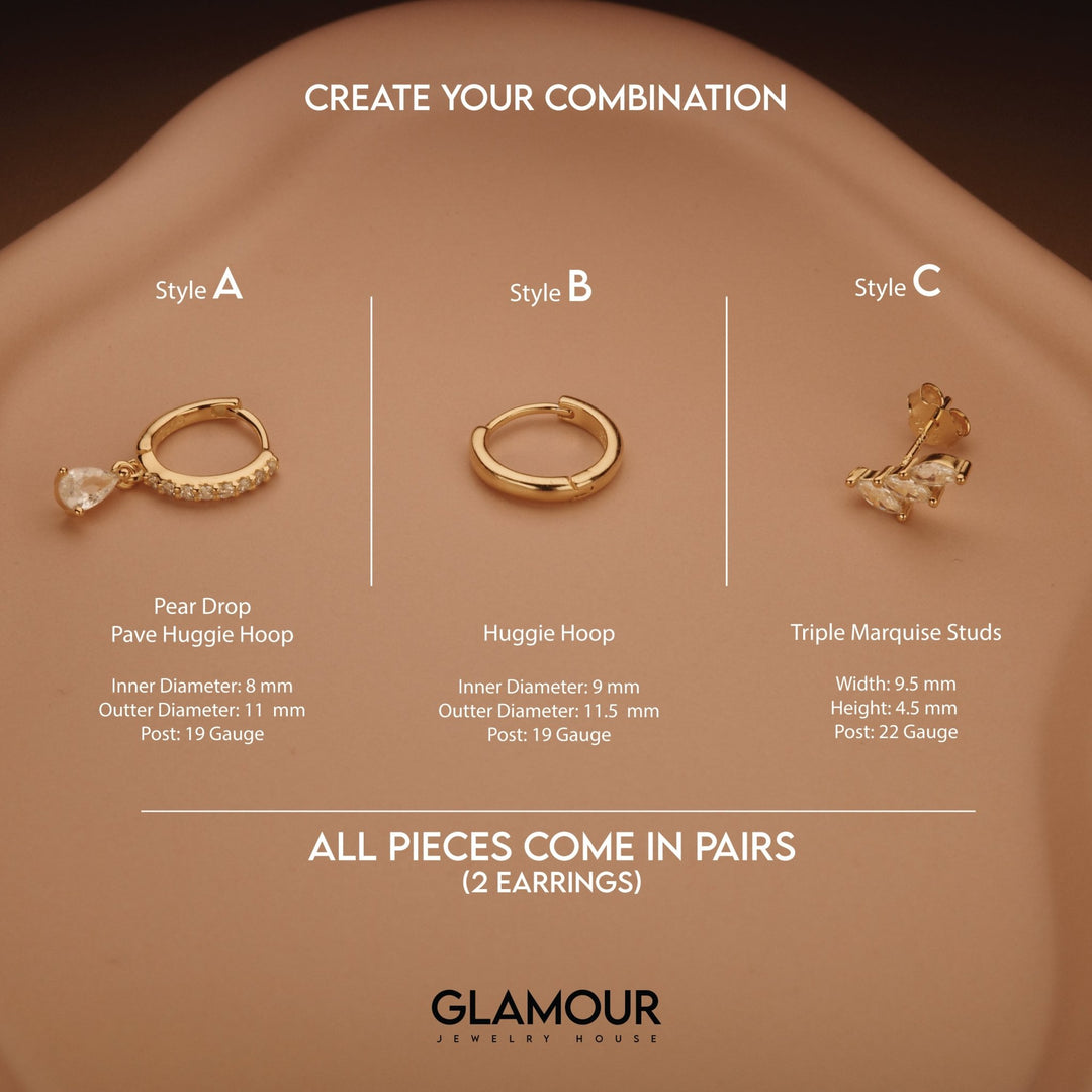 The Pear Drop Marquise Cluster Ear Stack styled in 18K Gold Vermeil — elegant everyday jewelry. Hypoallergenic.