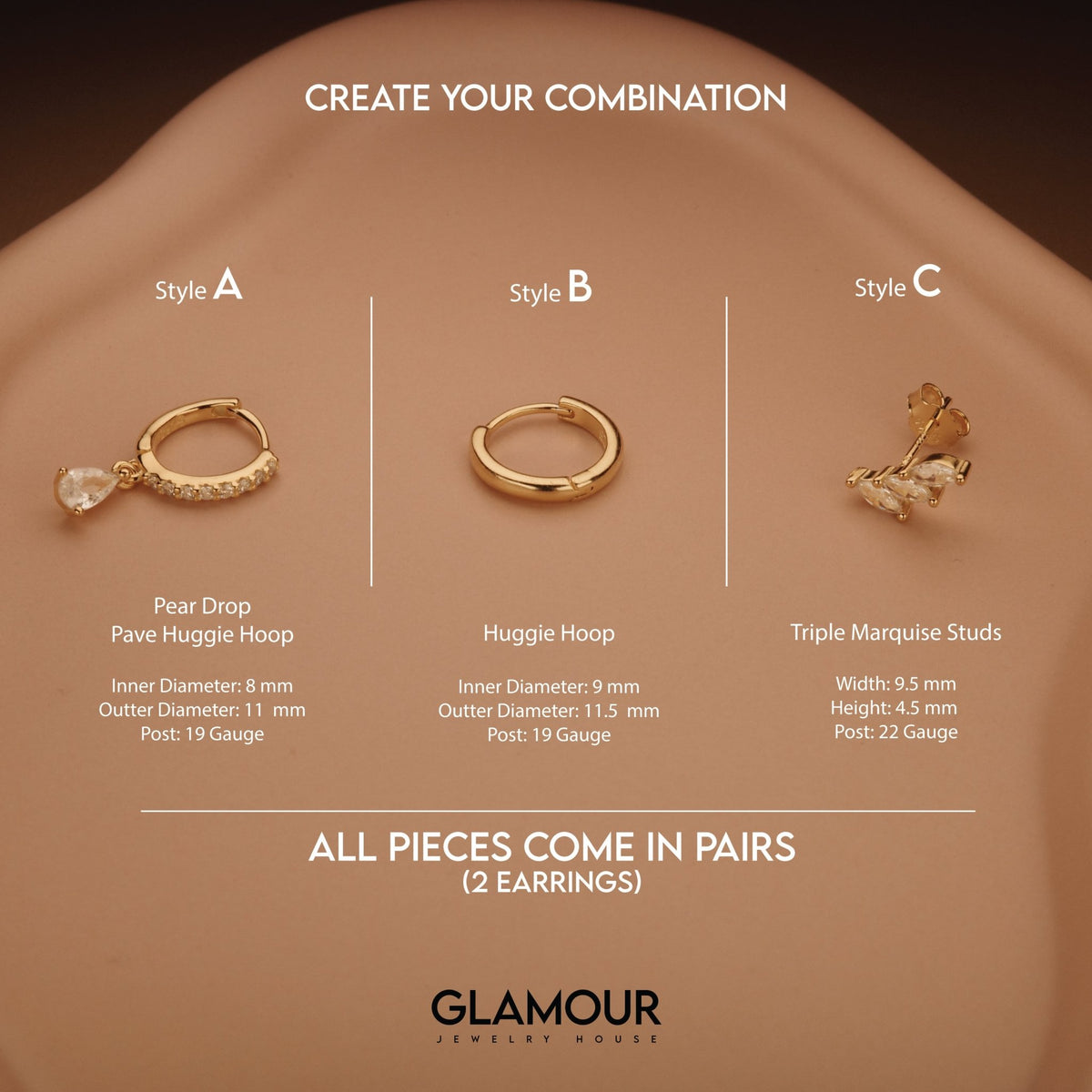 The Pear Drop Marquise Cluster Ear Stack styled in 18K Gold Vermeil — elegant everyday jewelry. Hypoallergenic.