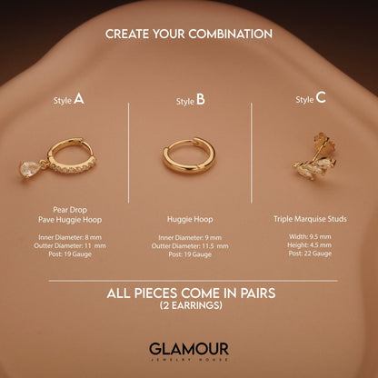 The Pear Drop Marquise Cluster Ear Stack styled in 18K Gold Vermeil — elegant everyday jewelry. Hypoallergenic.