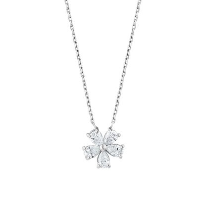 Pear-cut natural diamond flower pendant necklace in 14K white gold on a fine chain, front view