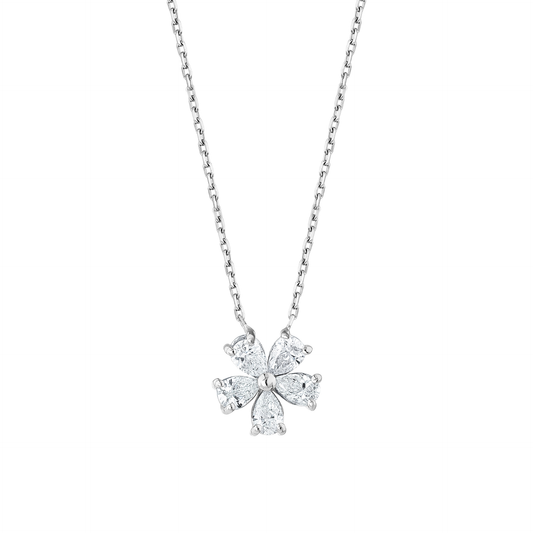 Pear-cut natural diamond flower pendant necklace in 14K white gold on a fine chain, front view