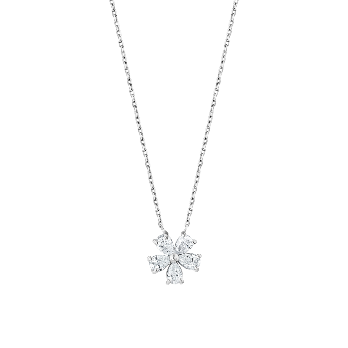Close-up of the five pear-cut natural diamond petals around a white-gold centre