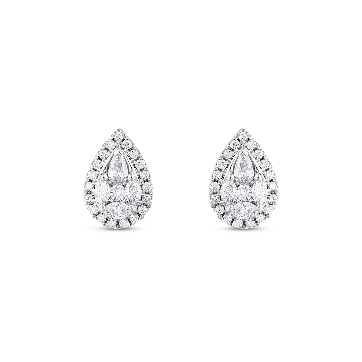 Pair of pear-shaped natural diamond cluster halo stud earrings in 14K solid white gold, front view