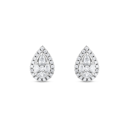 Pair of pear-shaped natural diamond cluster halo stud earrings in 14K solid white gold, front view