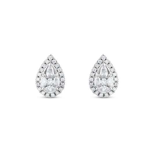 Pair of pear-shaped natural diamond cluster halo stud earrings in 14K solid white gold, front view