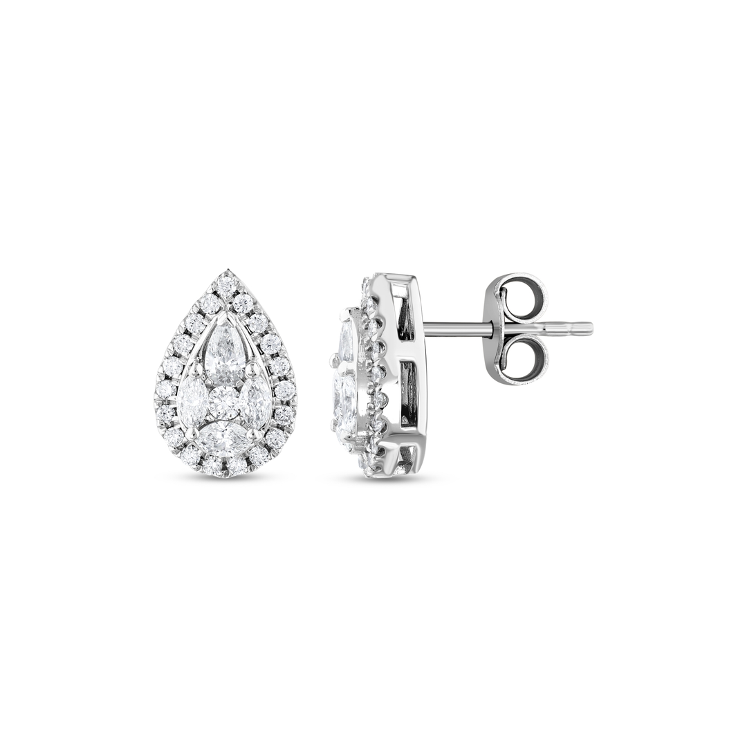 Pear-shaped natural diamond cluster halo stud earring in 14K white gold, front and side view showing the post and butterfly back