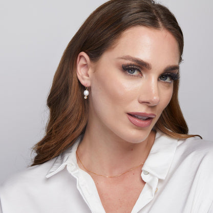 The Pearl Drop Earrings styled in 18K Gold Vermeil — elegant everyday jewelry. Hypoallergenic for sensitive ears.