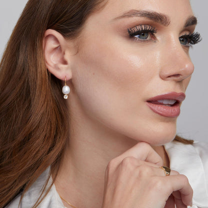 Pearl Drop Earrings in Glamour Jewelry House gift box — 18K Gold Vermeil bridesmaid gift. No green marks.