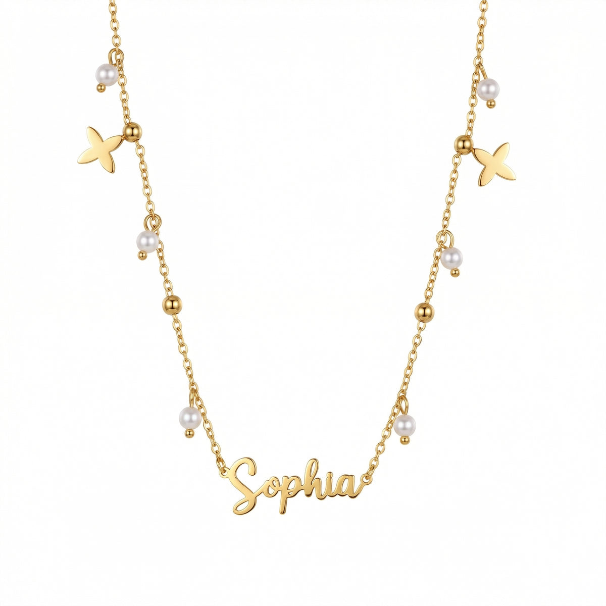 Pearl Name Necklace with Gold Petal Charms — gold script nameplate with pearl drops and gold beads.