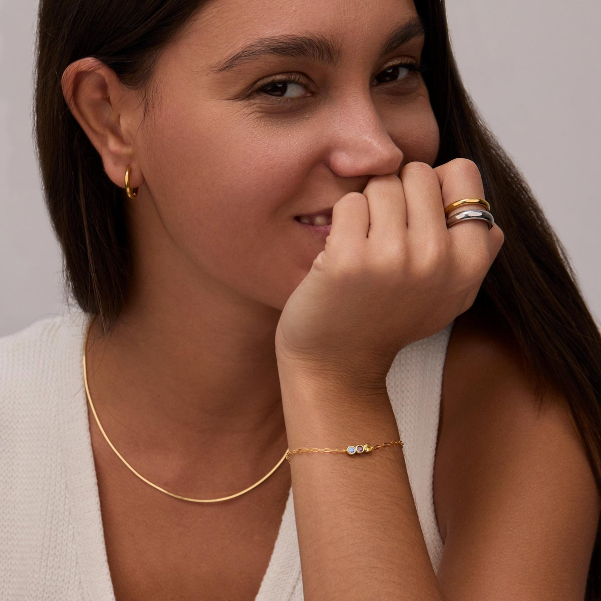 The Personalized Birthstone Bracelet styled in 18K Gold Vermeil — elegant everyday jewelry. Hypoallergenic, no green marks.