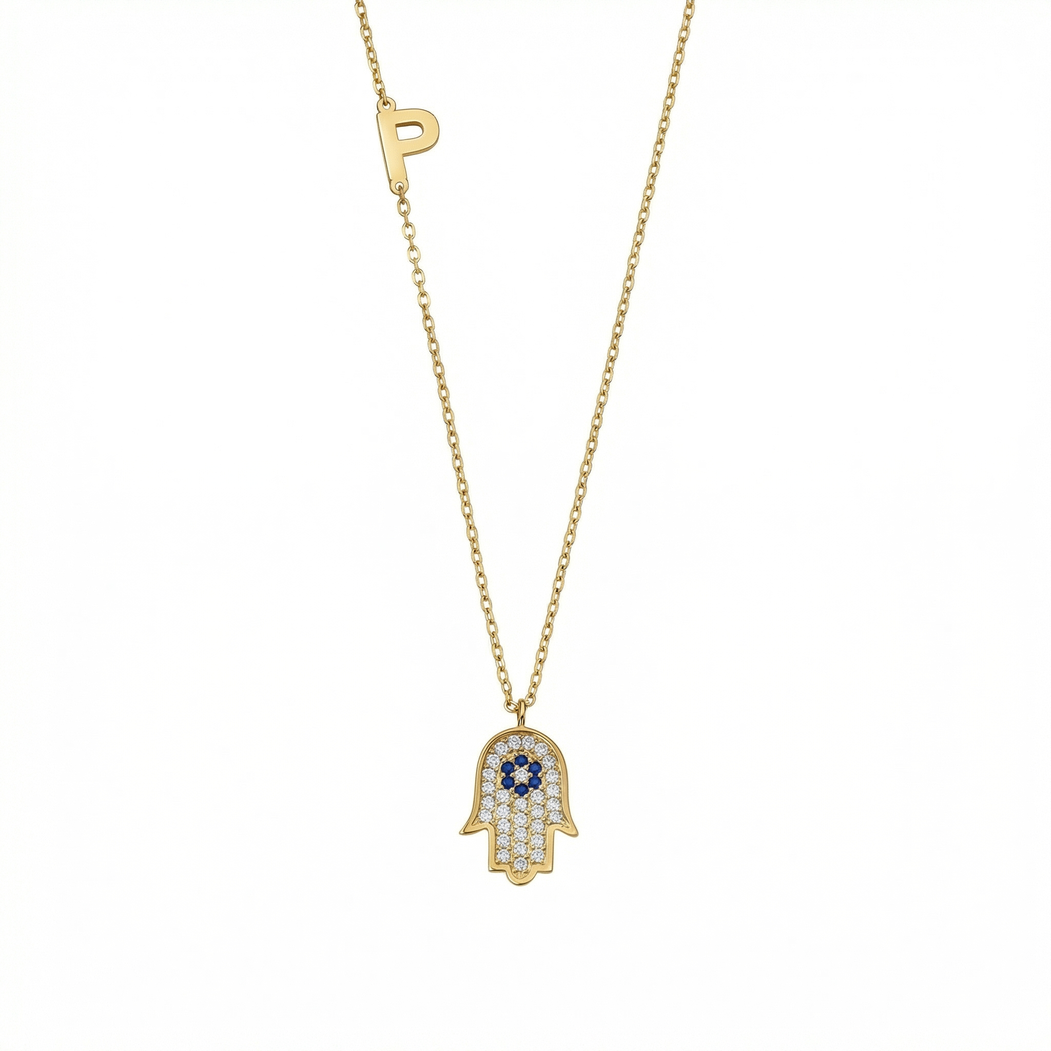 Personalized Hamsa Name Necklace in 18K Gold Vermeil. Tarnish-resistant, perfect for daily wear.