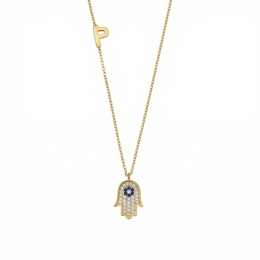 Personalized Hamsa Name Necklace in 18K Gold Vermeil. Tarnish-resistant, perfect for daily wear.