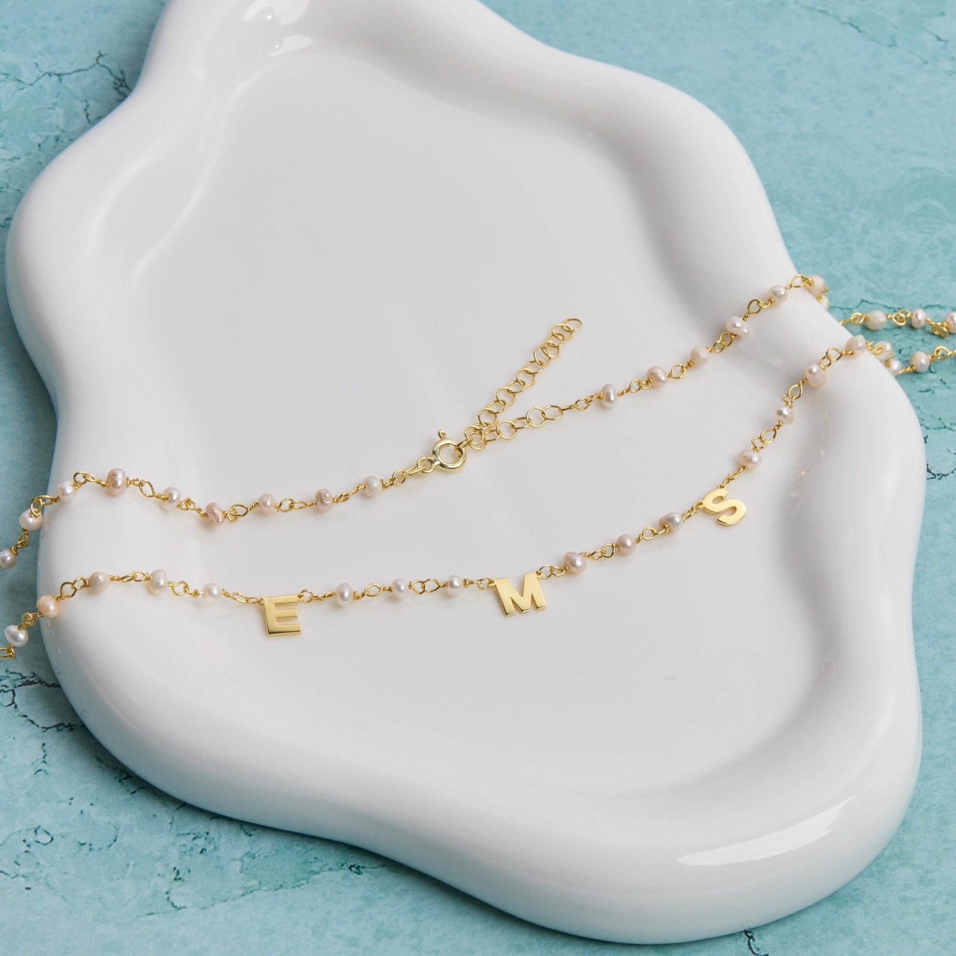 Personalized Initial Pearl Necklace in Glamour Jewelry House gift box — 18K Gold Vermeil anniversary gift. Tarnish-resistant.