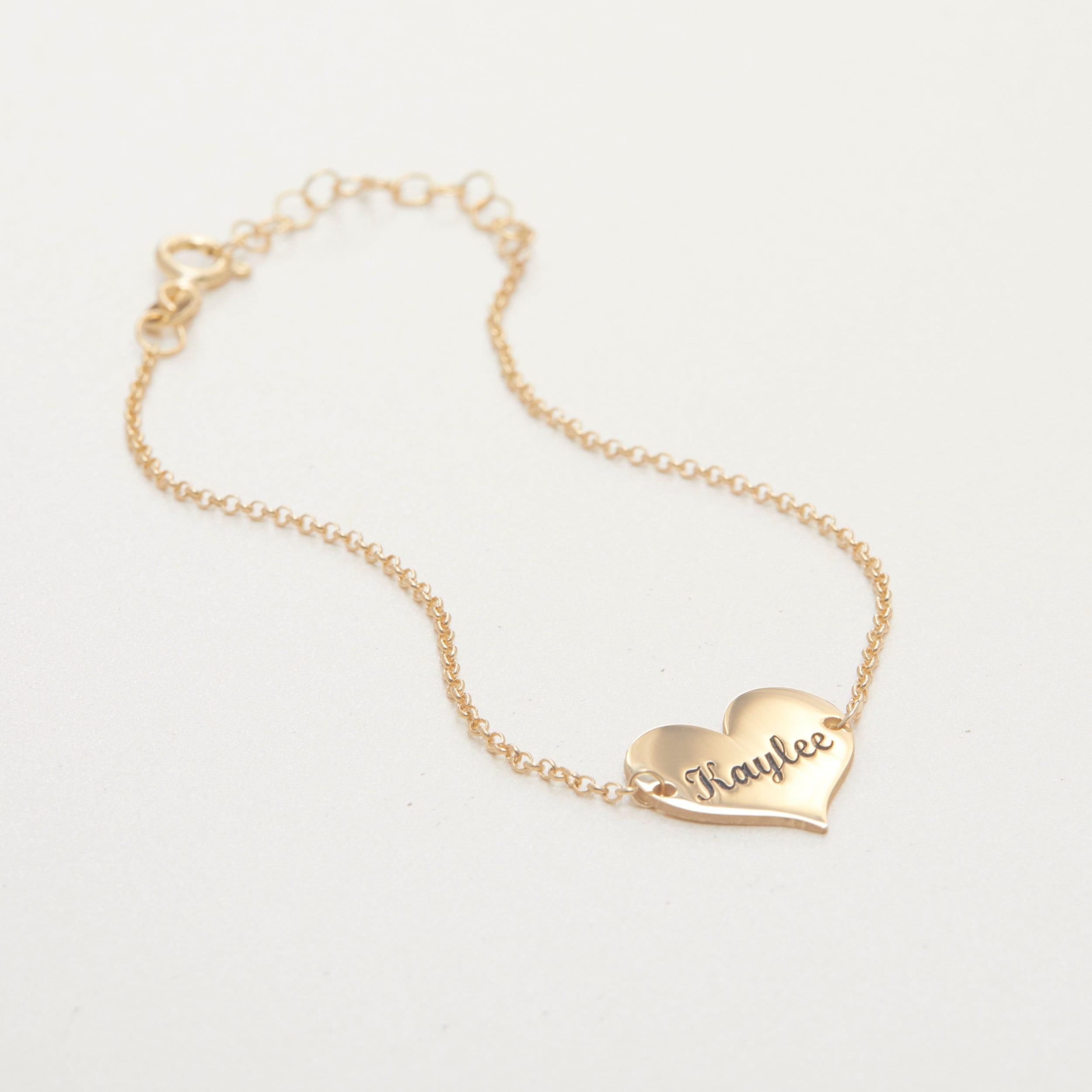 Personalized Name Bracelet with Heart Charm in Glamour Jewelry House gift box — 18K Gold Vermeil anniversary gift.