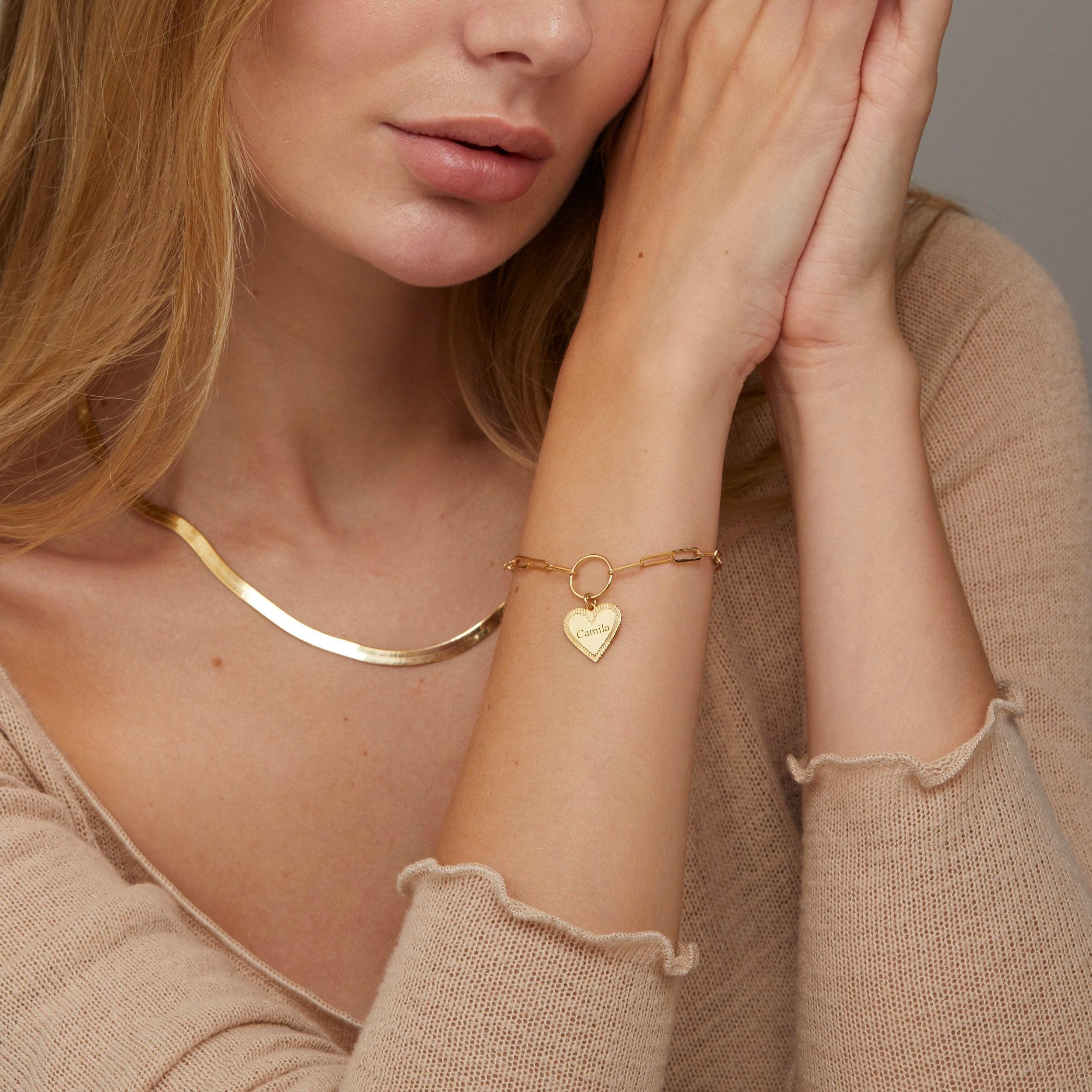 The Name Bracelet with Heart and Paperclip styled in 18K Gold Vermeil — elegant everyday jewelry. Hypoallergenic, no green.