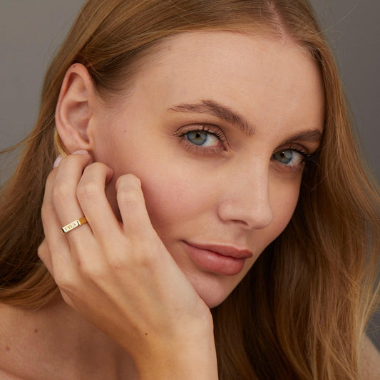 Close detail of the Personalized Name Ring in 18K Gold Vermeil. Hypoallergenic, no green marks, premium handmade jewelry.