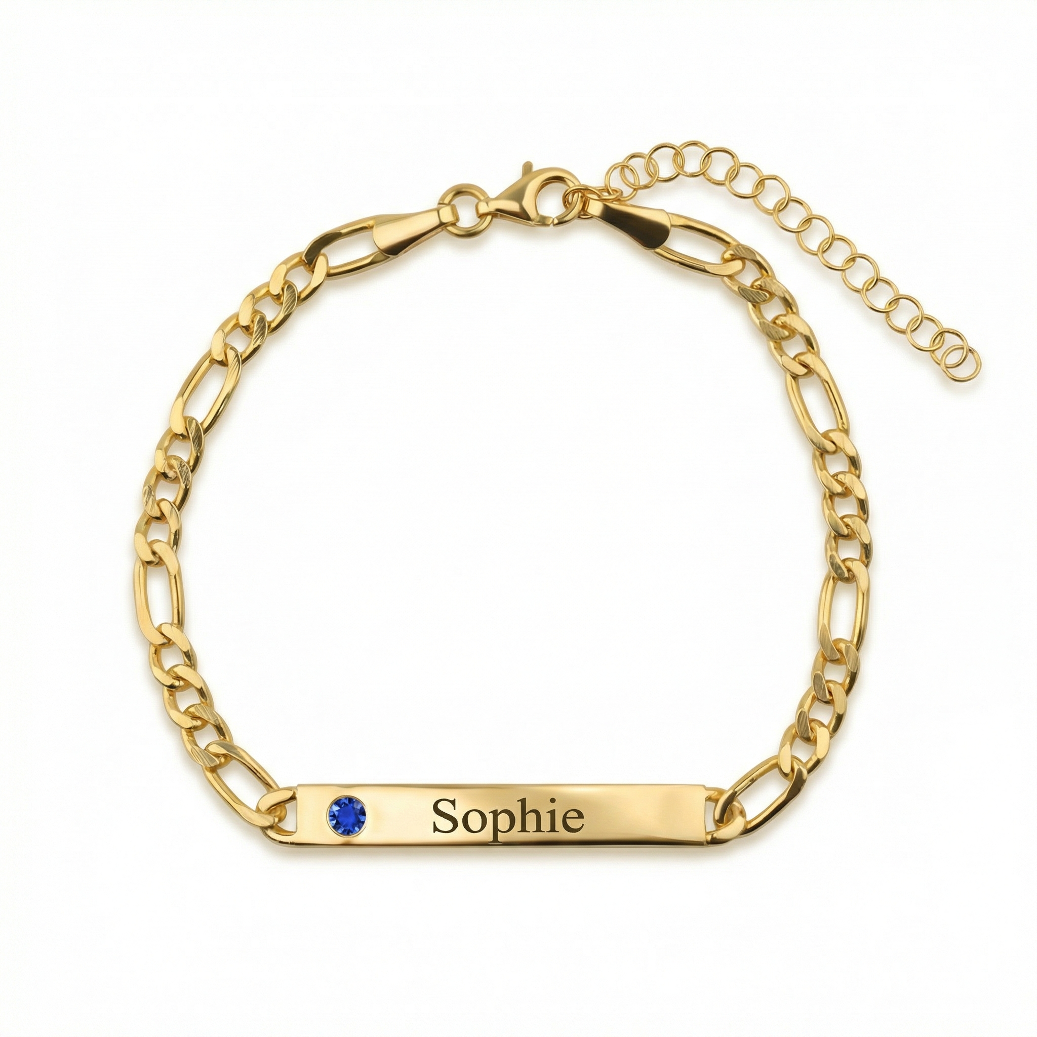 Silver Name Bracelet with Figaro Chain in 18K Gold Vermeil. Tarnish-resistant, perfect for daily wear.